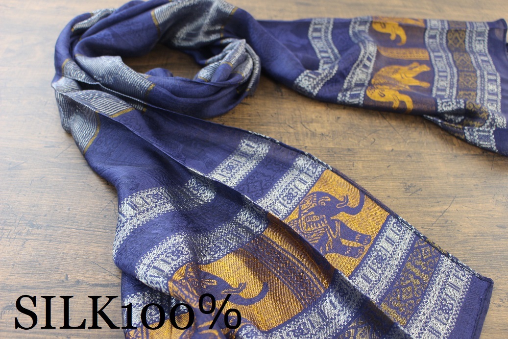 新品 薄手【シルク100% SILK】エレファント柄 ネイビー 紺 NAVY ゴールド GOLD 金 スカーフ/ストールの画像1