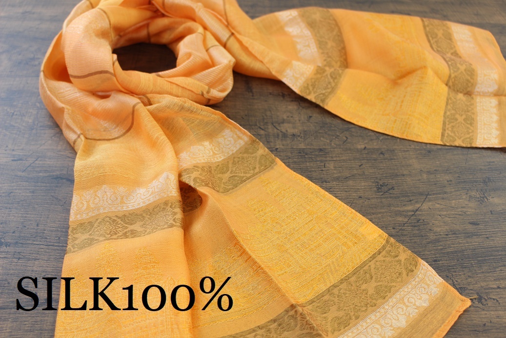  new shortage of stock hand [ silk 100% SILK] Anne call watt pattern orange ORANGE Gold GOLD gold scarf / stole 