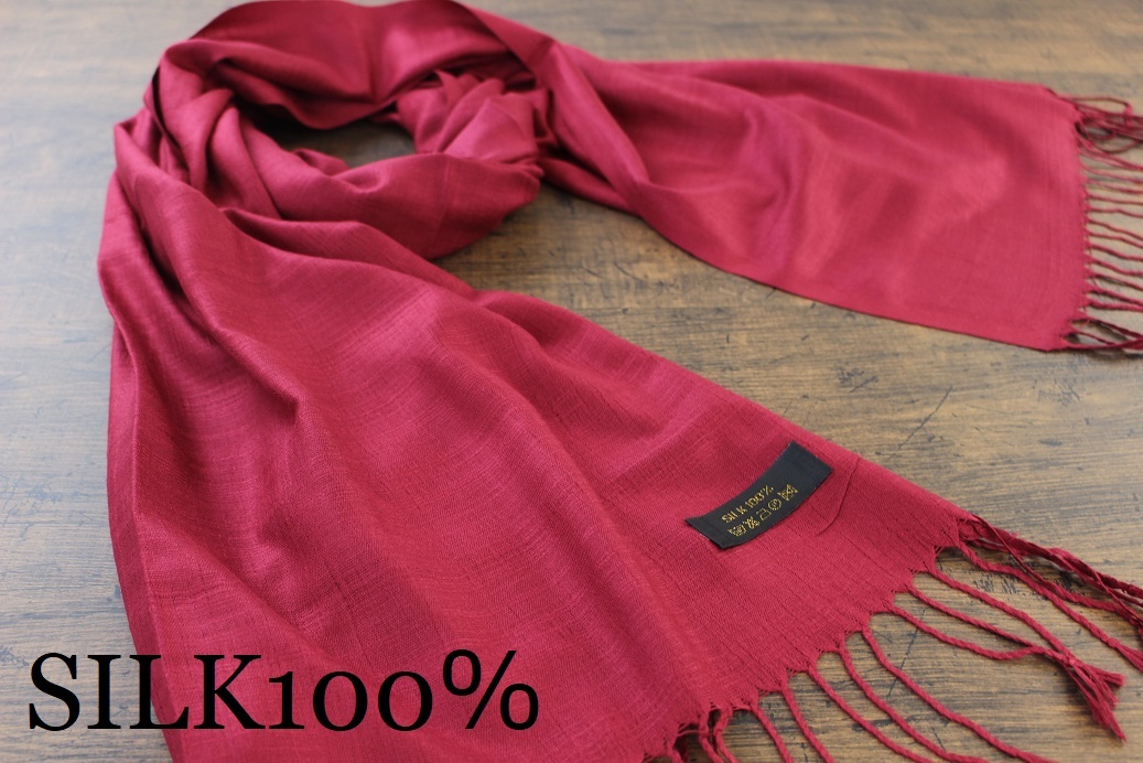 新品 薄手【シルク100% SILK】無地 ワインレッド W.RED 赤 Plain 大判 ストールの画像1