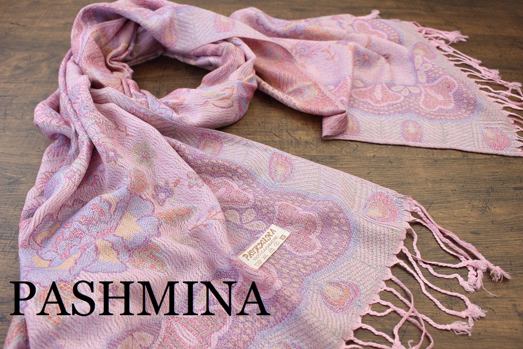 新品 春色【パシュミナ Pashmina】孔雀柄 ライトピンク系マルチカラー L.PINK 大判 ストール カシミア100% Cashmere 訳あり