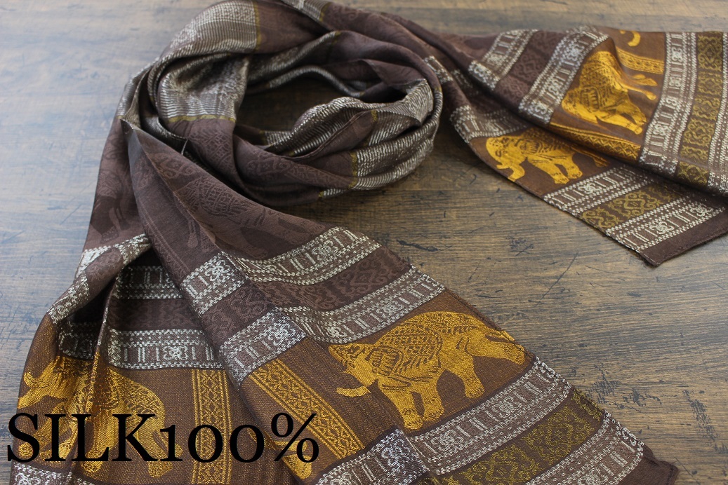 新品 薄手【シルク100% SILK】エレファント柄 象柄 ブラウン BROWN 茶 ゴールド GOLD 金 スカーフ/ストール_画像1