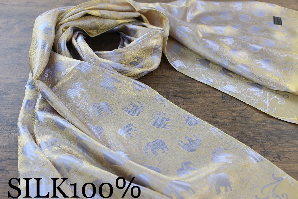  new shortage of stock hand [ silk 100% SILK] Elephant pattern . pattern Gold × silver gold × silver GOLD×SILVER large size stole / scarf 