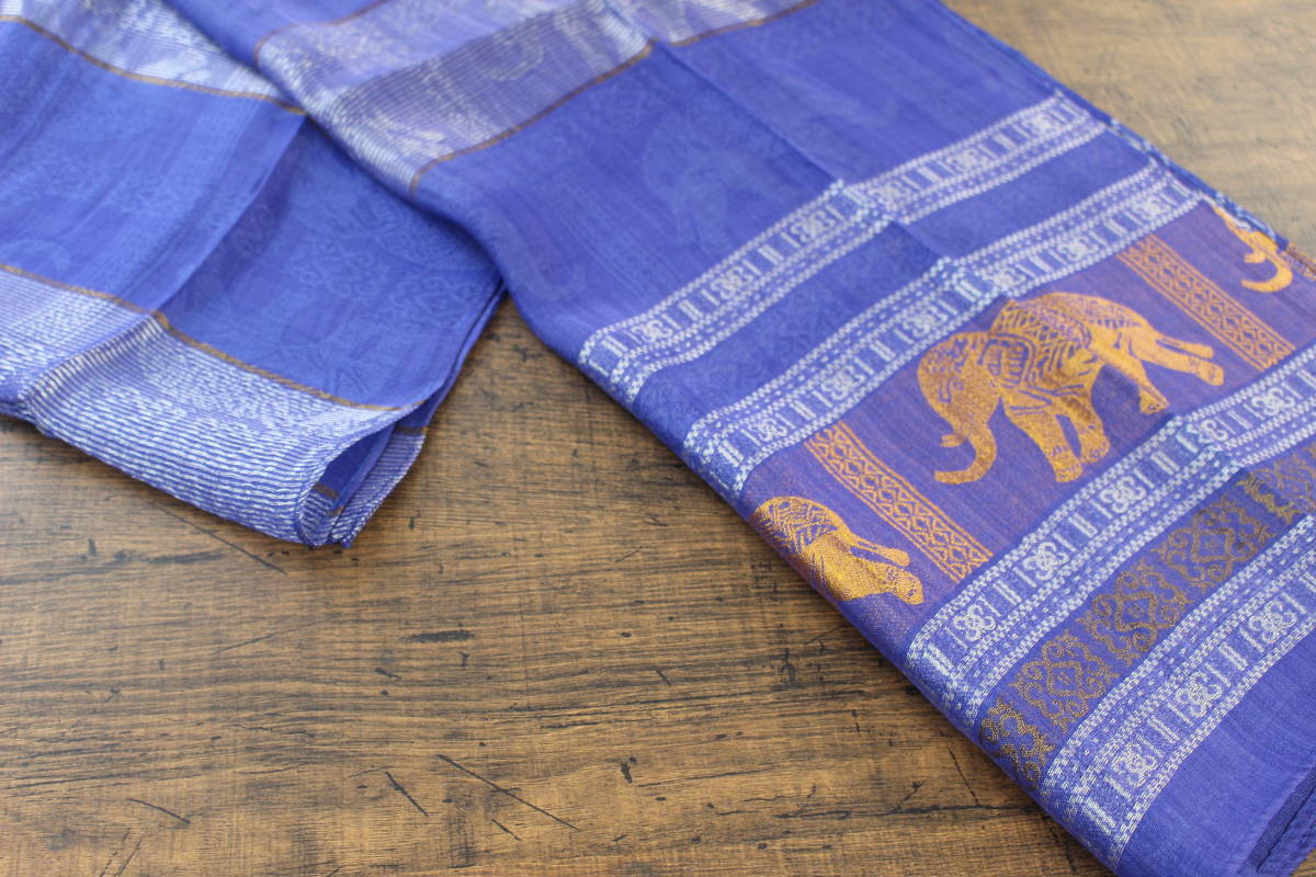 新品 薄手【シルク100% SILK】エレファント柄 象柄 ロイヤルブルー 青 ROYAL BLUE ゴールド GOLD 金 スカーフ/ストールの画像3