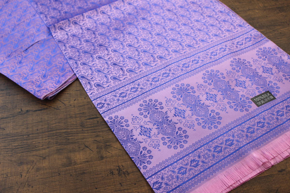 新品 春色 薄手【シルク100% SILK】ペイズリー柄 シャインピンク×シャインブルー S.PINK×S.BLUE 大判 ストール/スカーフ_画像3