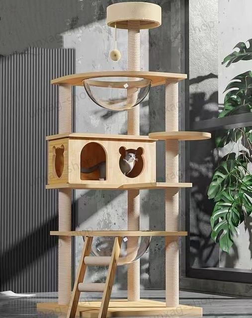  cat tower transparent space ship strong .. put wooden flax cord nail .. ball cat bed large .. put wood grain type nail .. cat tower height 145cm MAY481