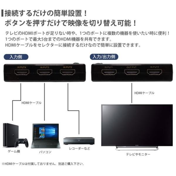 4K対応 HDMI セレクター リモコン 付き 切替器 5ポート 5入力 1出力 テレビ パソコン ゲーム モニター レコーダーの画像3