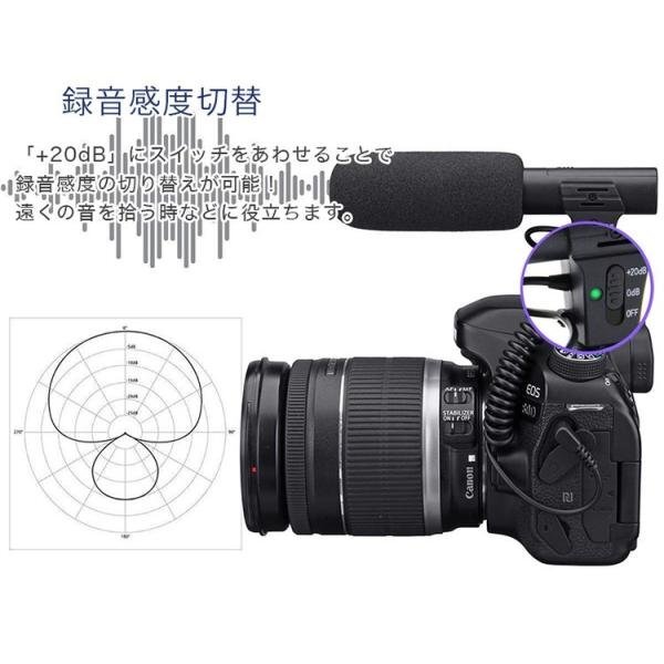 カメラ用 外付けマイク 一眼レフ コンデンサーマイク 3.5mm プラグ 単一指向性D-SLR 風防 録音感度 切替の画像5