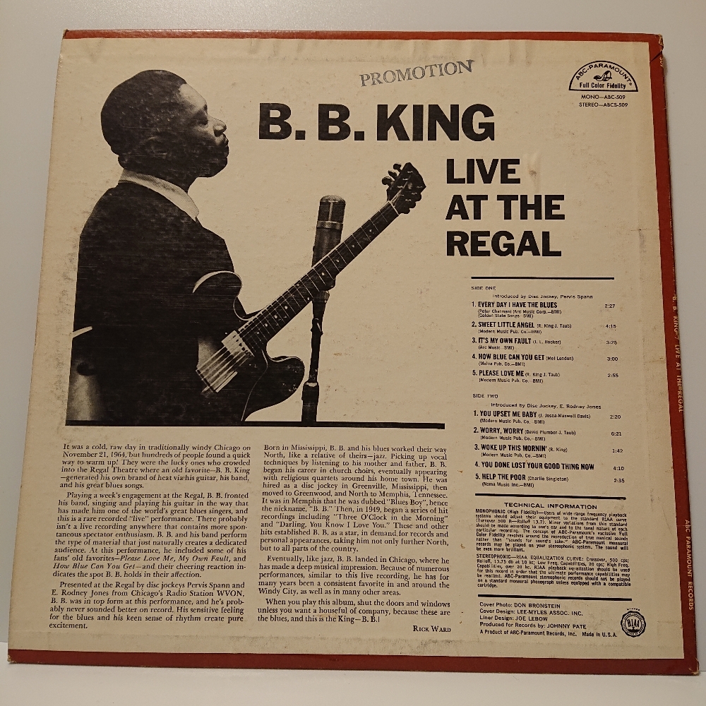 ★名盤 USオリジナル STEREO LP盤 ★ B. B. KING　”LIVE AT YHE REGAL” 　ABC-PARAMOUNT RECORD 1965年リリース_画像2