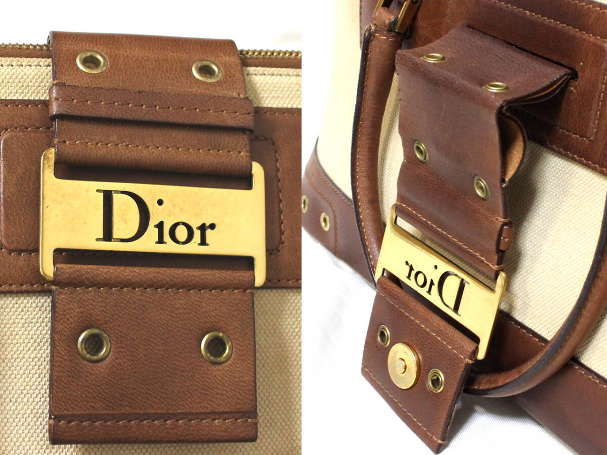 ディオール Christian Dior キャンバス レザー ショルダーバッグ ロゴ プレート トロッター柄 裏地 ブラウン Gカード付き トートバッグの画像9