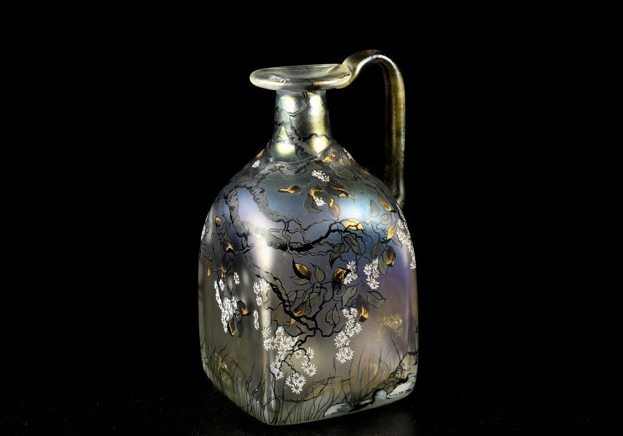 【蔵c9765d】工芸ガラス エナメル彩 花鳥文 サイン有 デキャンタ 飾り瓶 の画像1