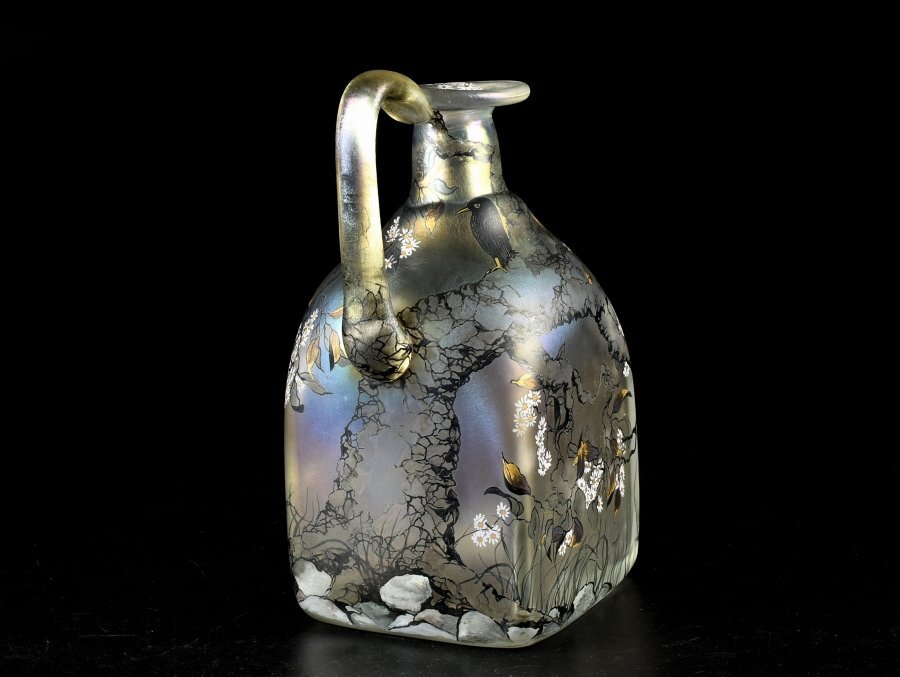 【蔵c9765d】工芸ガラス エナメル彩 花鳥文 サイン有 デキャンタ 飾り瓶 の画像3