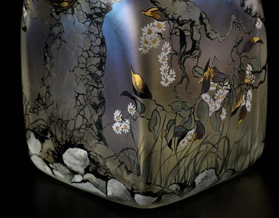 【蔵c9765d】工芸ガラス エナメル彩 花鳥文 サイン有 デキャンタ 飾り瓶 の画像7