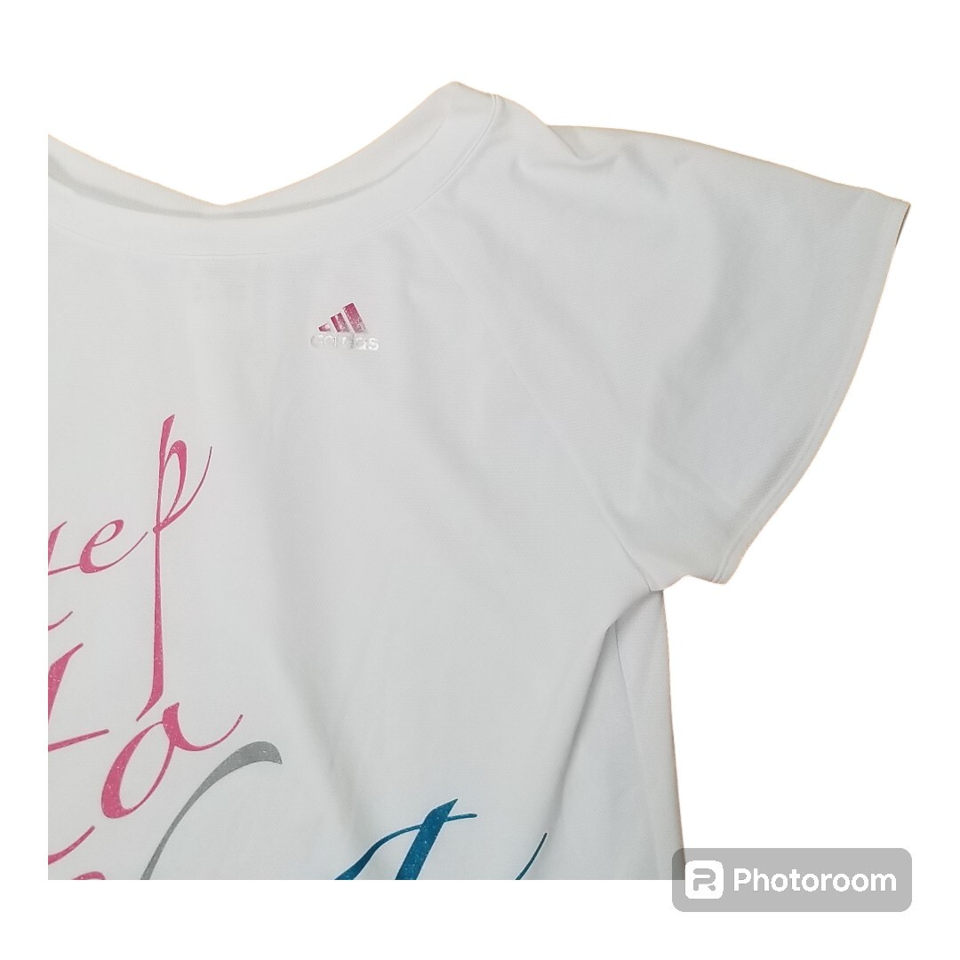 アディダス adidas レディース 半袖シャツ  Lサイズ プリントシャツ ホワイト クライマライトシリーズ 古着の画像2