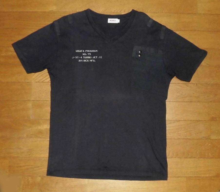 AVIREX アヴィレックス USAFA ミックスカスタム 半袖 Vネック ポケット付 Tシャツ 定7590円 BLK L USED 良品/アビレックス_フロント