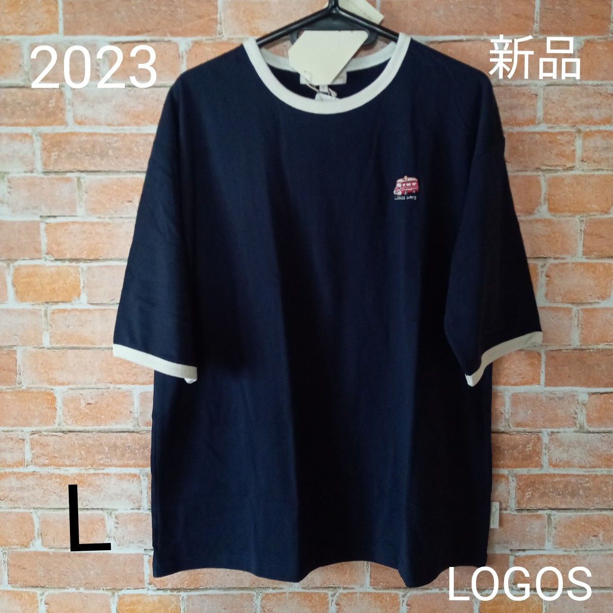 LOGOS（ロゴス）のバス刺繍リンガーtシャツ。L、ネイビー。タグ付き新品未使用、2023。★２枚、おまとめ割引。