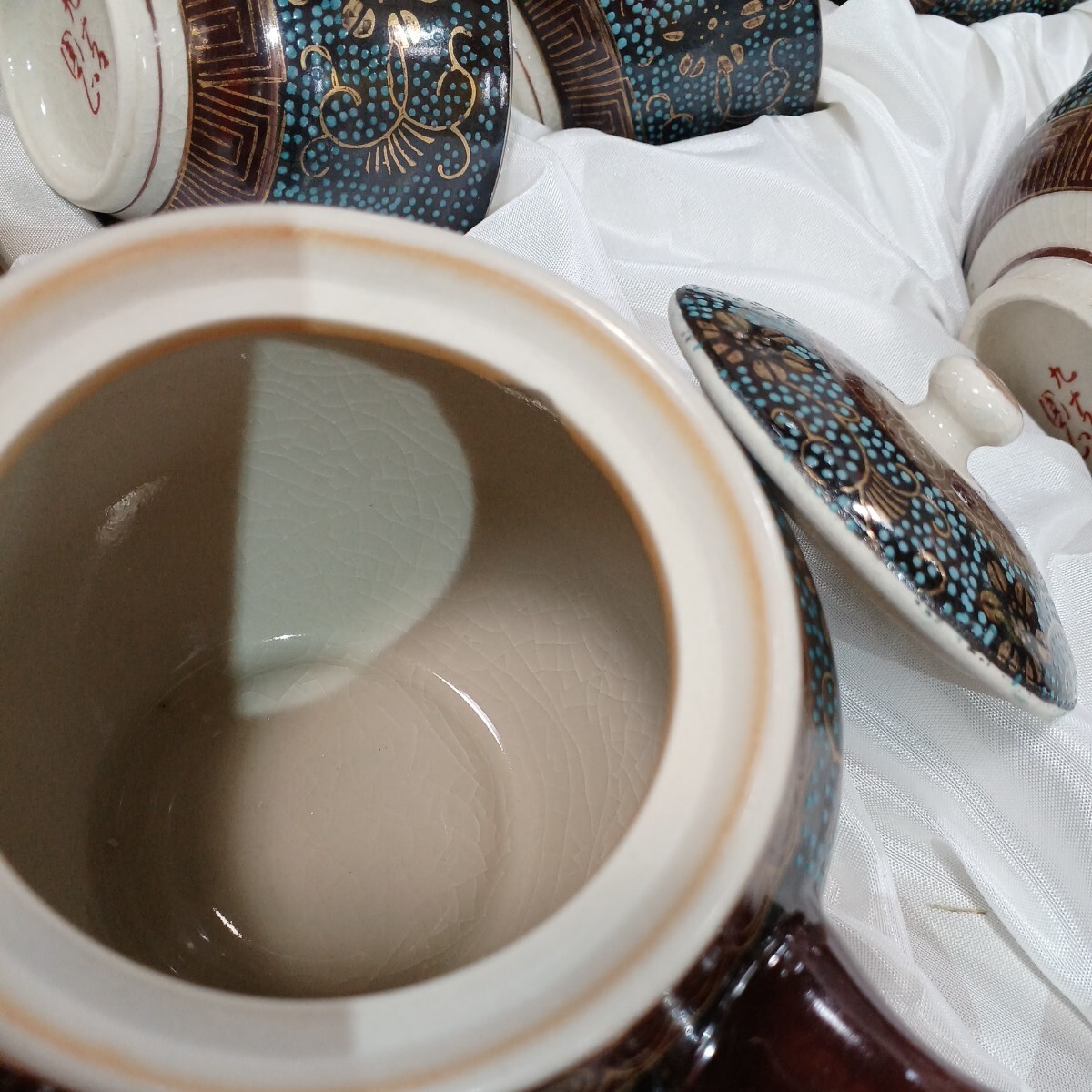 九谷焼 茶器セット 10客 青粒鉄仙  食器 当時物 長期保管の画像3