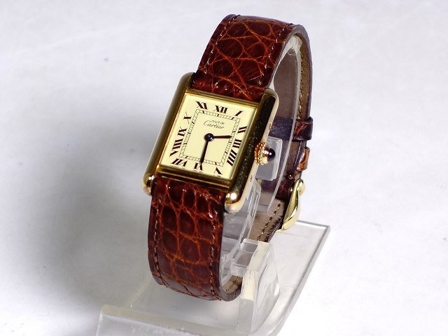 K04163【Cartier カルティエ】ヴェルメイユ マストタンク SM ウォッチ クオーツ 腕時計 SV925 クロコダイル 革ベルト 現状品_画像1