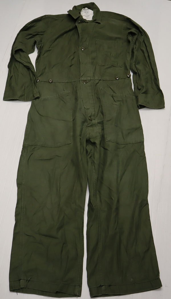 CO59米軍実物ARMYアメリカ古着ツナギ80’Sビンテージ緑系カバーオール綿100コットンサテンMワークパンツALL IN ONEオールイワンSオールドの画像2