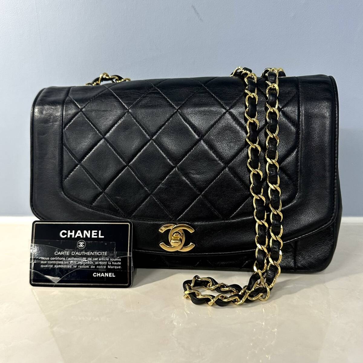 13 1円 CHANEL シャネル ダイアナ マトラッセ ラムスキン チェーンショルダーバッグ ターンロック ブラック ヴィンテージ