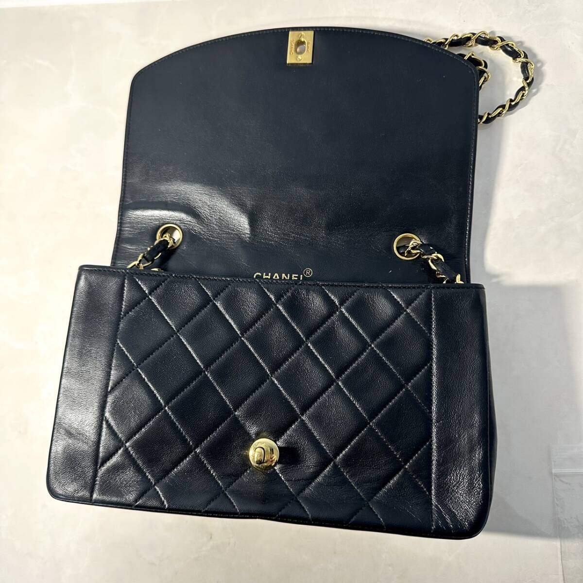 13 1円 CHANEL シャネル ダイアナ マトラッセ ラムスキン チェーンショルダーバッグ ターンロック ブラック ヴィンテージ