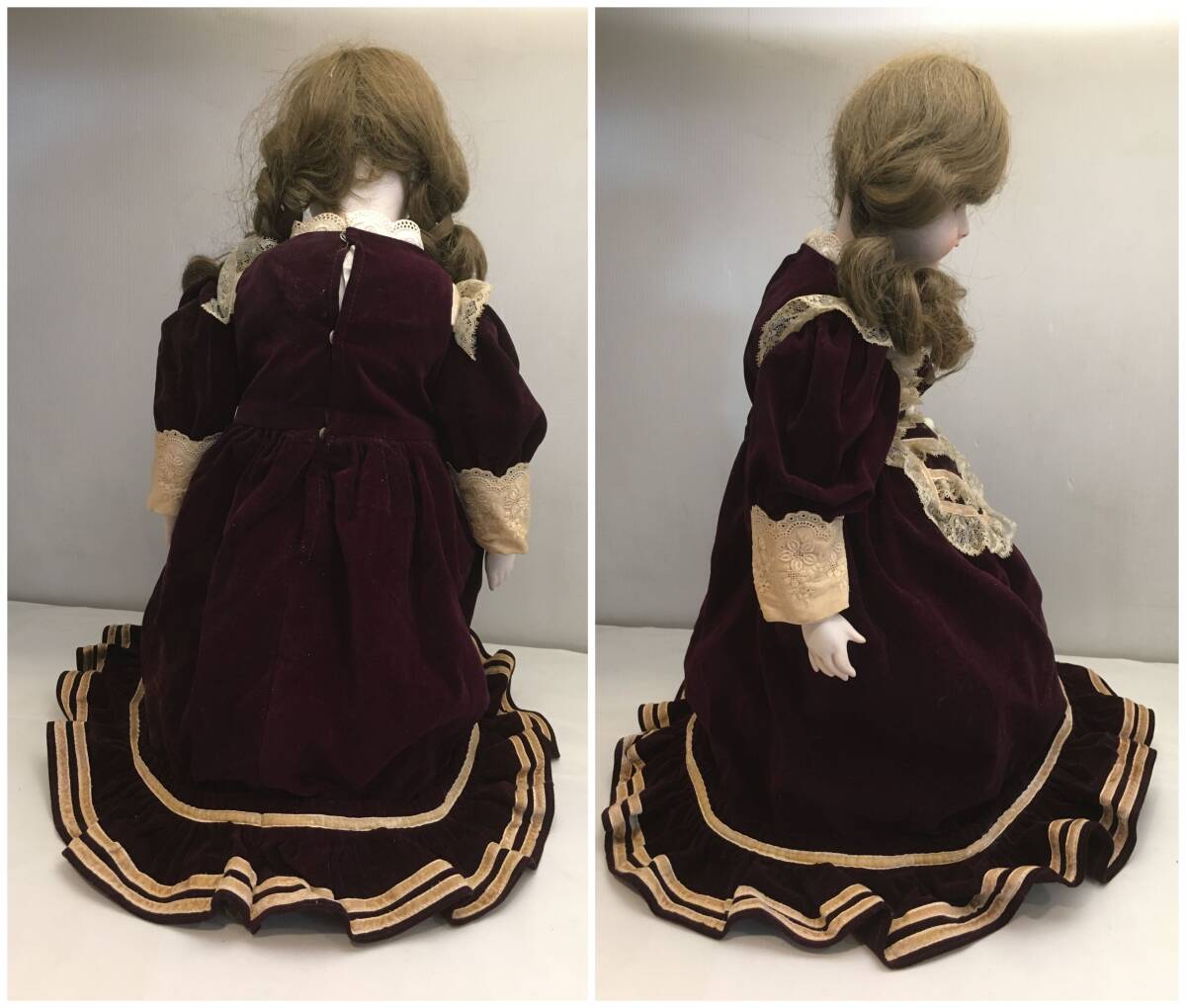 ■Collectors Doll コレクターズドール CD-7 ビスクドール 高さ53.5cm ボルドーのドレス おさげ みつあみ ロングヘア 西洋人形■_画像3