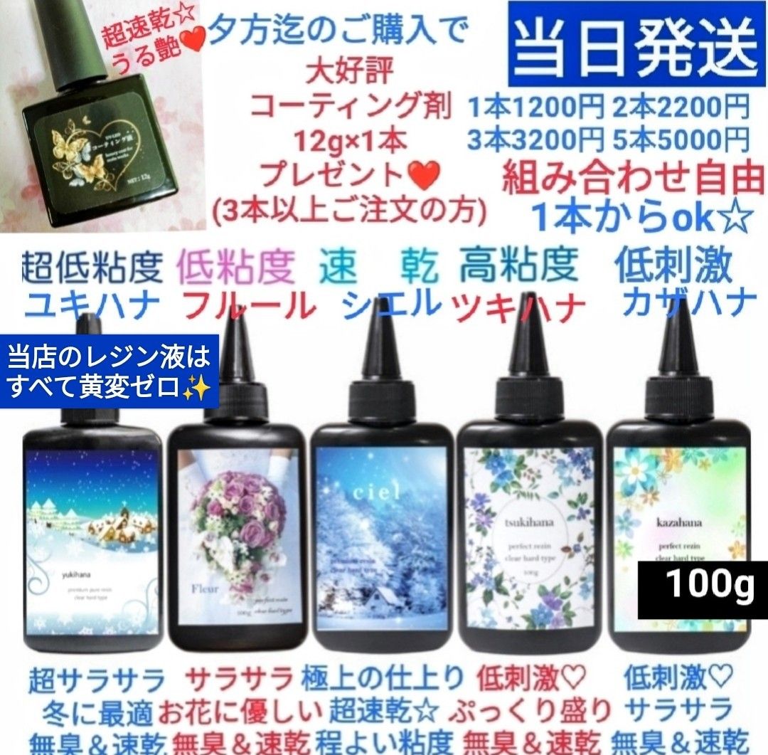 レジン液 ソフトタイプ100g×6本ご希望の方にはコーティング剤 レジン液 ソフトタイプ100g×6本ご希望の方にはコーティング剤