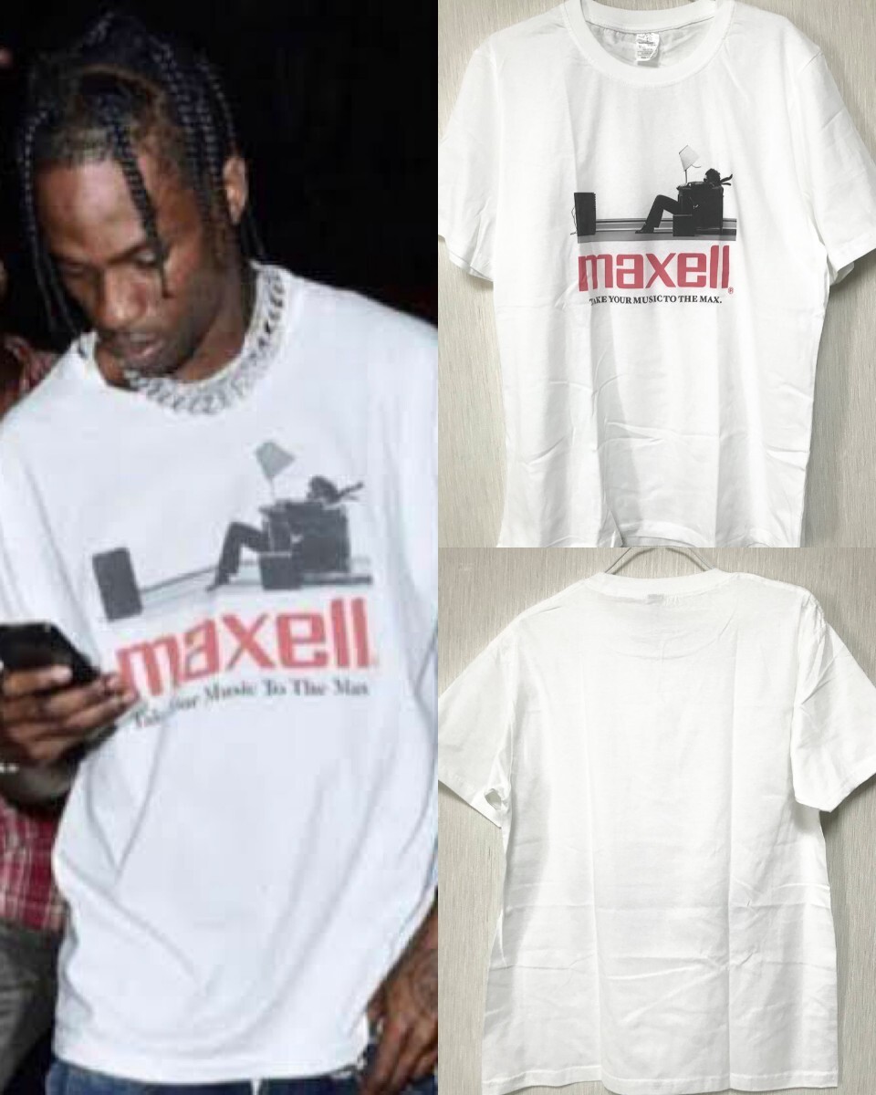 maxell マクセル プリント Tシャツ トラヴィススコット着 ホワイト 白色 ヒップホップ hiphop pop 昭和 歌謡曲 カセットテープ 送料無料_画像1