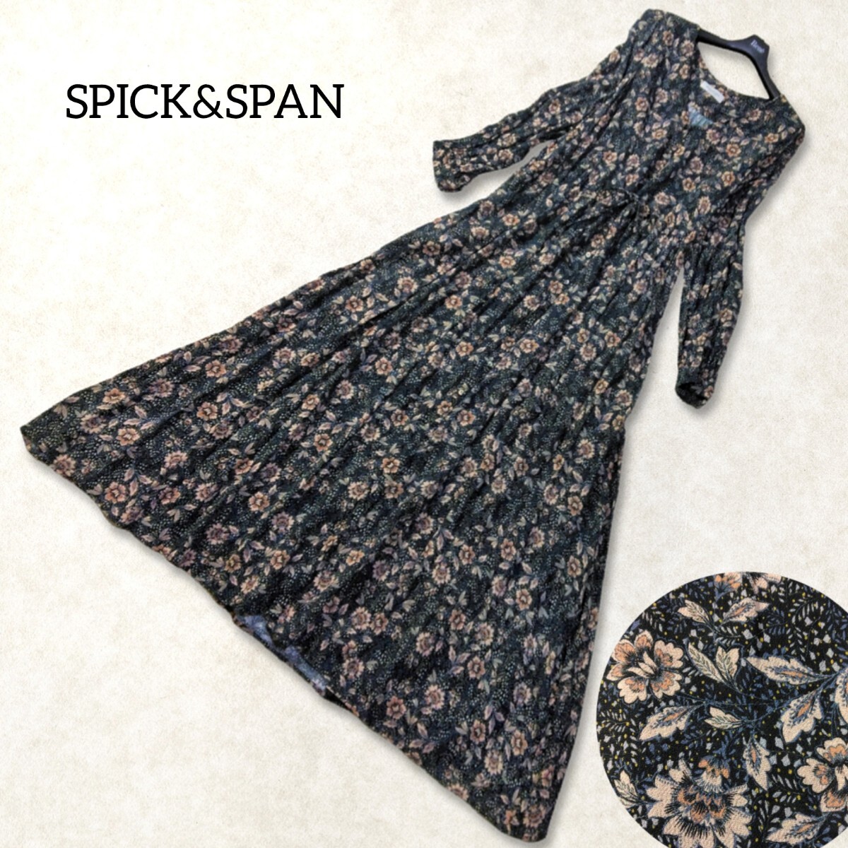 31 【SPICK&SPAN】 スピックアンドスパン アンティークフラワー 花柄 総柄 ロングワンピース 黒 ブラック 長袖 前ボタン 春夏 薄手 フレア 