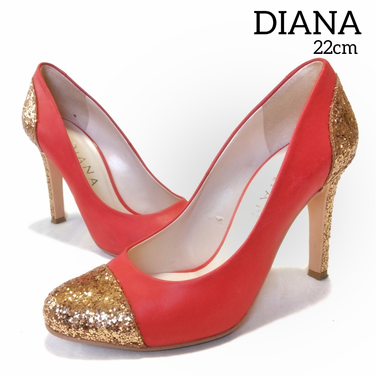 2【DIANA】 ダイアナ グリッターラメ パンプス 22cm 赤 レッド ゴールド パーティー 発表会 結婚式 小さいサイズ フォーマル レディース