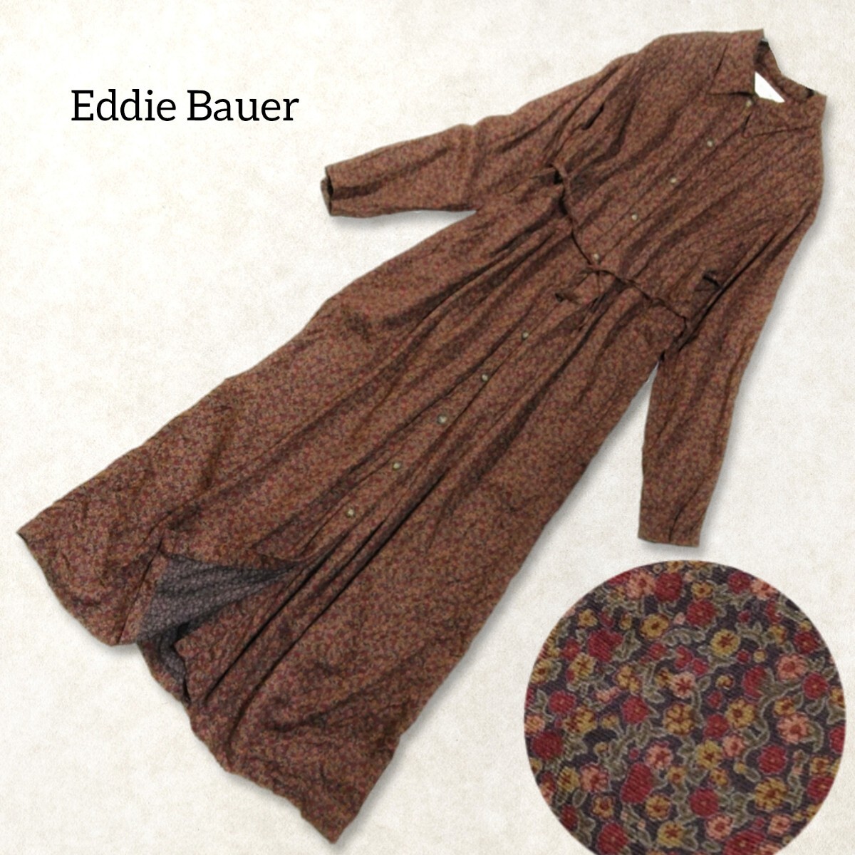 8 【Eddie Bauer】 エディーバウアー 花柄 ロング シャツワンピース S ブラウン 茶色 小花柄 総柄 長袖 春 夏 秋 レーヨン レディース_画像1