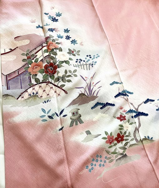 KIRUKIRU リサイクル 付下げ 正絹 着物 染 身丈165cm 淡いピンク地に椿など和花 茶屋辻柄 和柄 上品 着付 和装の画像7