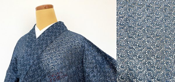 KIRUKIRU リサイクル 着物 レース 綿地 身丈160cm くすみがかった青地 抽象柄 カジュアル 小紋 着付け 和装の画像1
