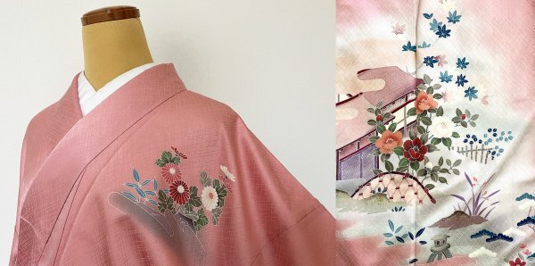 KIRUKIRU リサイクル 付下げ 正絹 着物 染 身丈165cm 淡いピンク地に椿など和花 茶屋辻柄 和柄 上品 着付 和装の画像1
