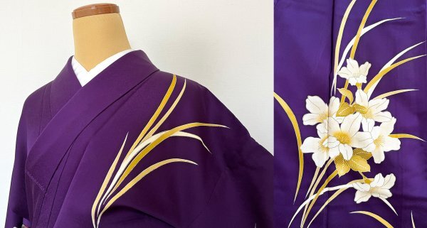 KIRUKIRU リサイクル 着物 訪問着 正絹 身丈157.5㎝ 紫地に白地の花々 上品 フォーマル 着付け 和装の画像1