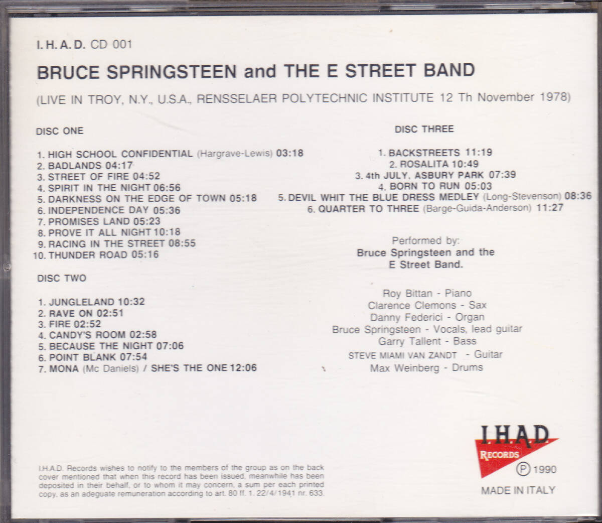 CD BRUCE SPRINGSTEEN - LIVE IN TROY N.Y. U.S.A. 12th November 1978 3枚組 ブルース・スプリングスティーンの画像2