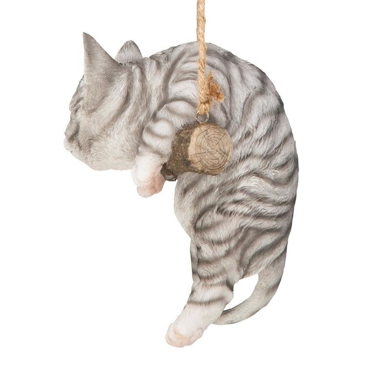止まり木に乗った灰色のトラ猫の彫像吊り下げられたネコ彫刻カワイイ置物インテリアガーデン装飾アート作品輸入品_画像3