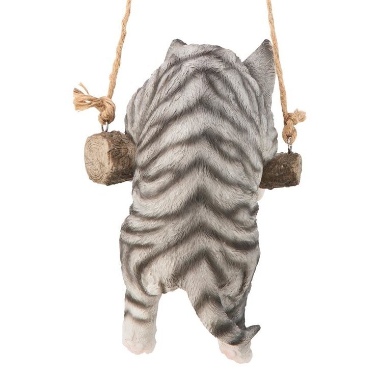 止まり木に乗った灰色のトラ猫の彫像吊り下げられたネコ彫刻カワイイ置物インテリアガーデン装飾アート作品輸入品_画像4