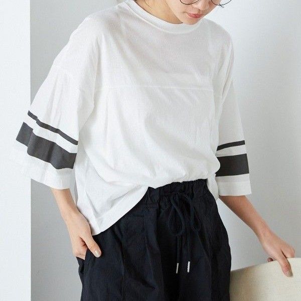 【新品未使用/forksy.】オーバーサイズ ラインTシャツ オフホワイト プルオーバー カットソー 五分袖 コットン