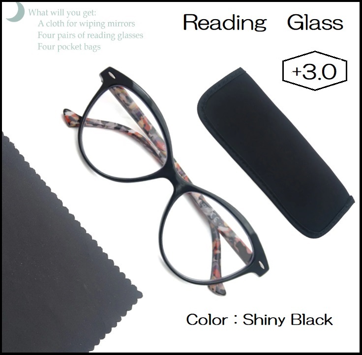■新品■老眼鏡【度数+3.0】【キャッツアイ】Shiny ブラック　シニアグラス　【ケース・めがね拭き付き】ユニセックス　リーディンググラス_画像1