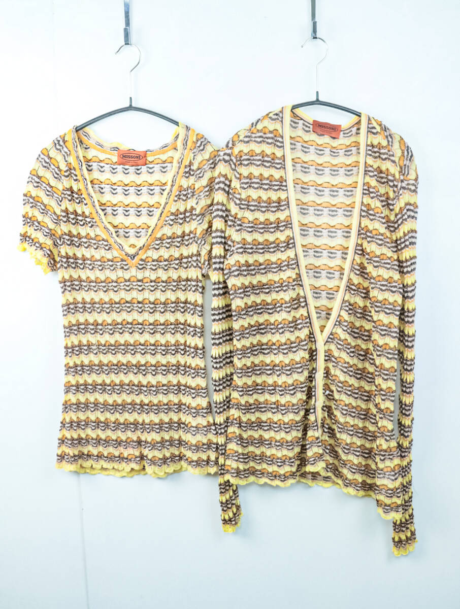 B575/MISSONI/ミッソーニ/イタリア製/ファインニットシルクVネックトップス/ニットカーディガン/アンサンブル/総柄/レディース/44サイズの画像1