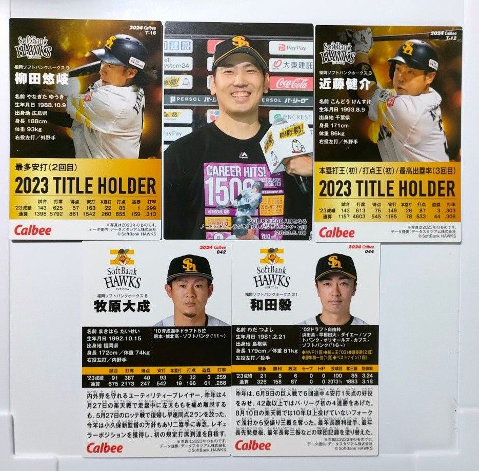 ② 福岡ソフトバンクホークス 選手カード5種セット 2024 プロ野球チップスカード 柳田 石川 近藤 牧原 和田 匿名配送料無料