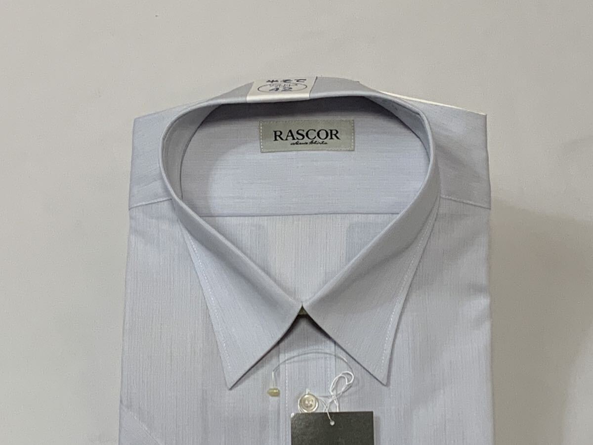 (未使用) RASCOR // 形態安定 半袖 ストライプ柄 ソフト シャツ・ワイシャツ (ライトブルー系) サイズ 42-L_画像3