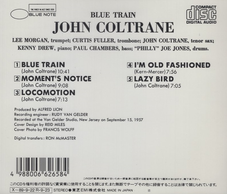 ジョン・コルトレーン JOHN COLTRANE / ブルー・トレイン BLUE TRAIN / 1988.09.23 / 1957年録音 / BLUE NOTE / CJ28-5076_画像2