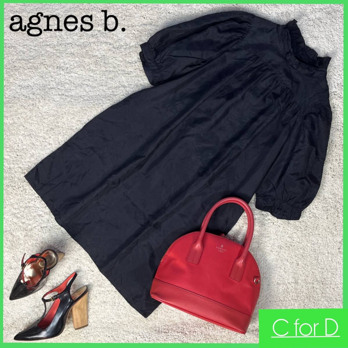 *agnes b.*38 (M size corresponding ) One-piece Agnes B lady's black black silk 100% knee height short sleeves formal mellow collar T074