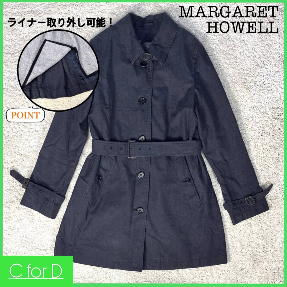 ★MARGARET HOWELL★サイズⅢ(L相当) トレンチコート マーガレットハウエル レディース ライナー付き ロングコート ベルト付き コート J182_画像1