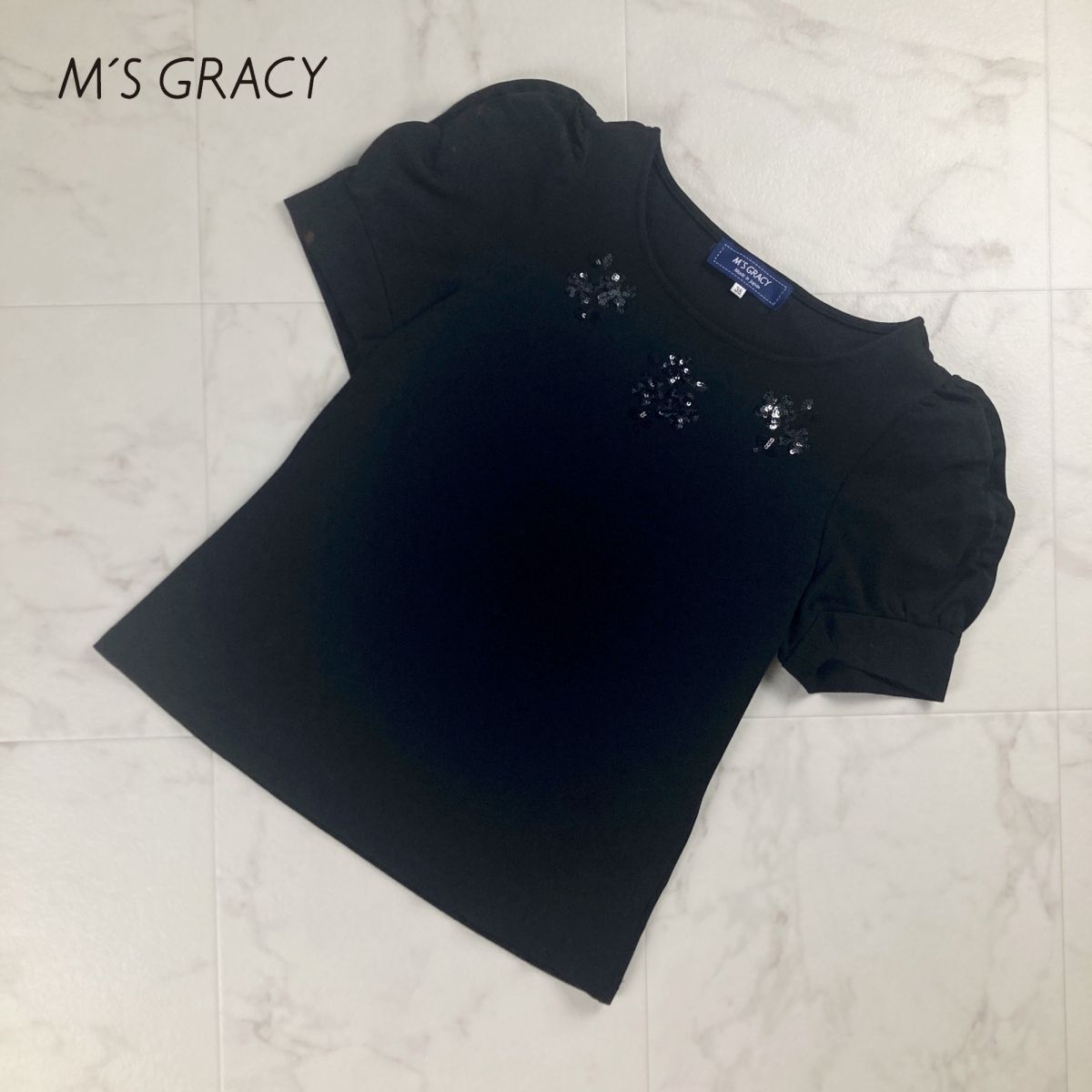 M'S GRACY エムズグレイシー スパンコール刺繍 半袖カットソー トップス レディース 黒 ブラック サイズ38*NC254_画像1