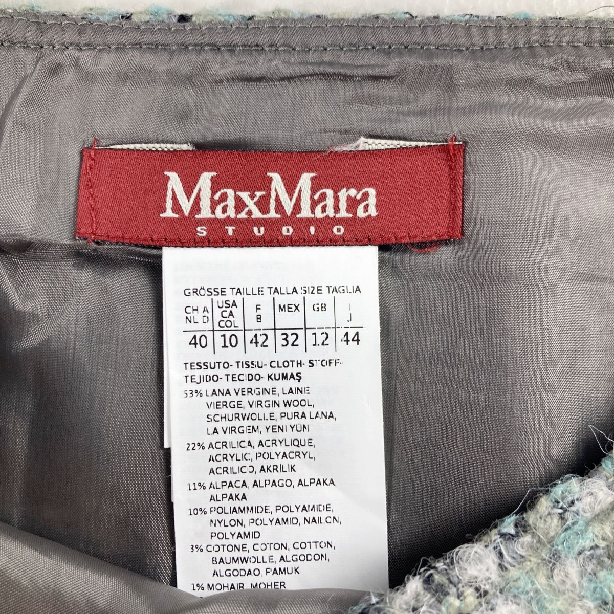 美品 Max Mara マックスマーラ ウール混 ツイード台形スカート サイドジップ 膝丈 裏地あり グレー系 サイズ44*NC1226_画像6