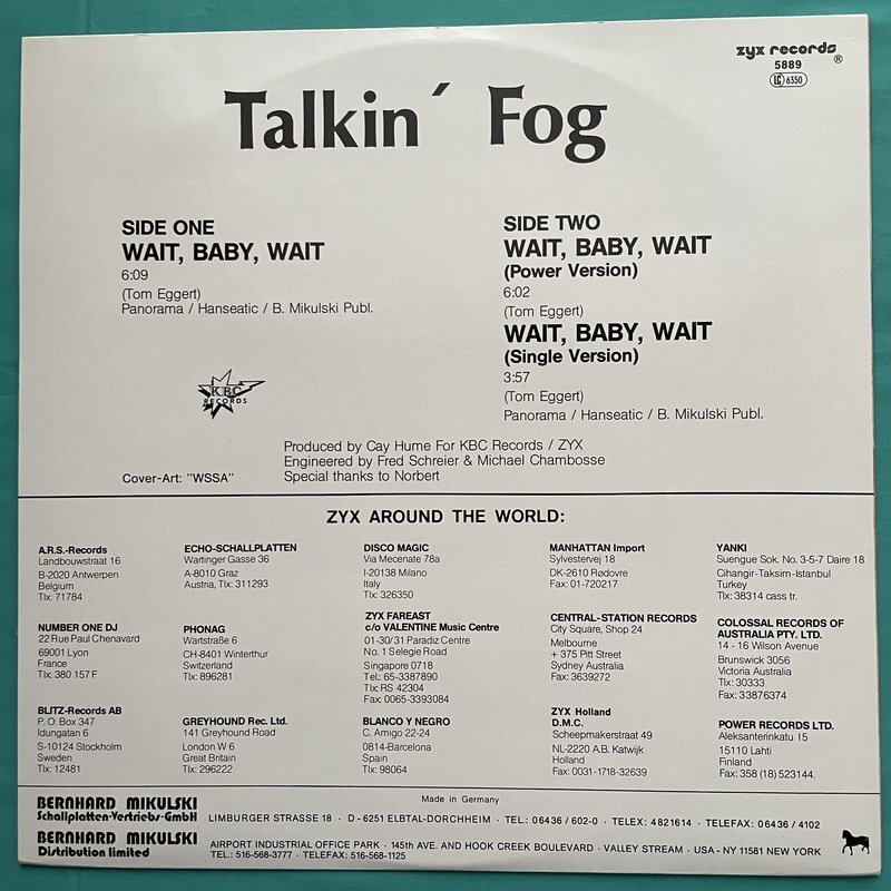 ☆美盤 Talkin' Fog/ Wait Baby Wait 12inch Single EUROBEAT zyx records 5889【ドイツ盤】 LP レコード アナログ盤 10393F3YK4の画像2