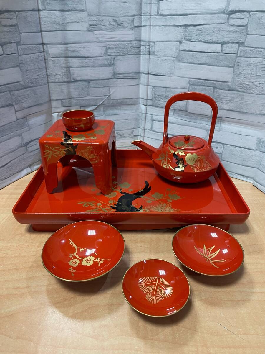 お屠蘇セット 朱塗り 漆器 盃 盃台 お膳 正月/祝膳/経年自宅保管/美品