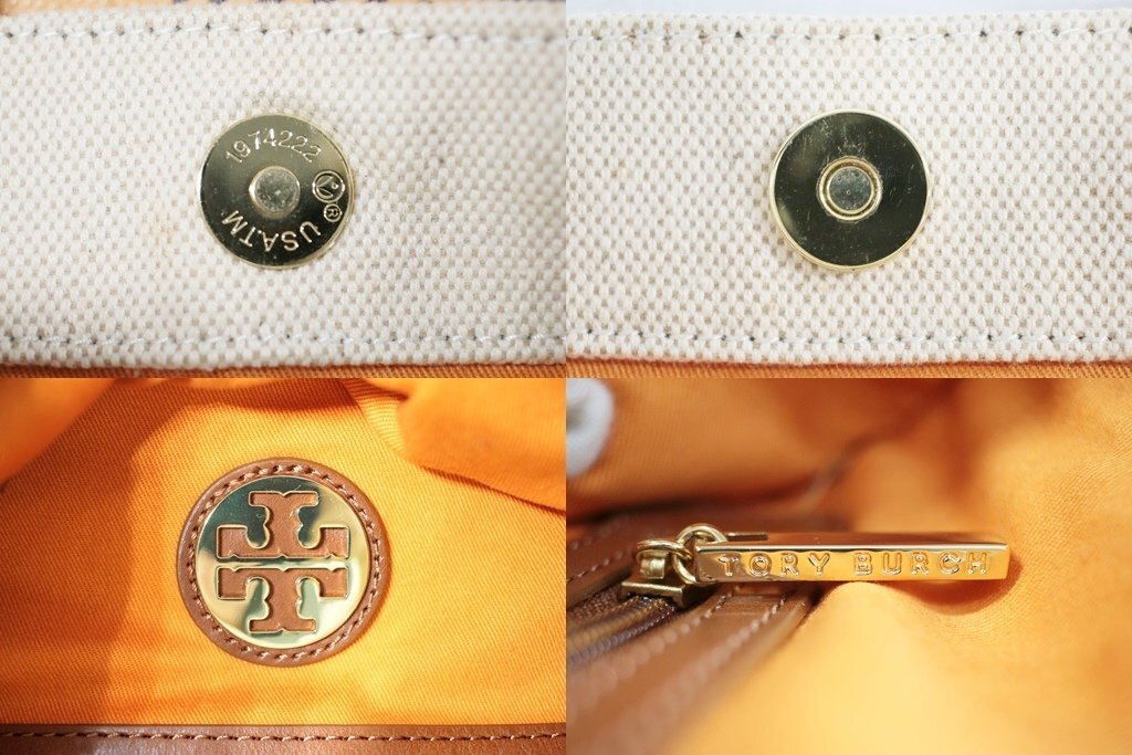 ◎ 中古品 TORY BURCH トリーバーチ キャンバス トートバッグ ベージュ ブラウン 肩掛け カバン レザー 大容量 レディース